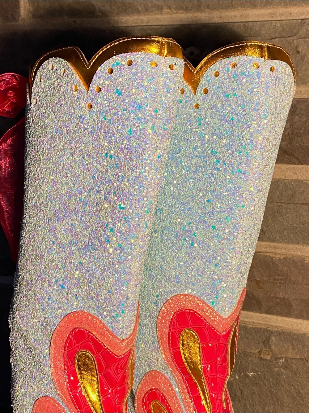 Irregular Choice sparkly Can-Can boots,hot pink patent,sky blue glitter,ribbon - Picture 5 of 16